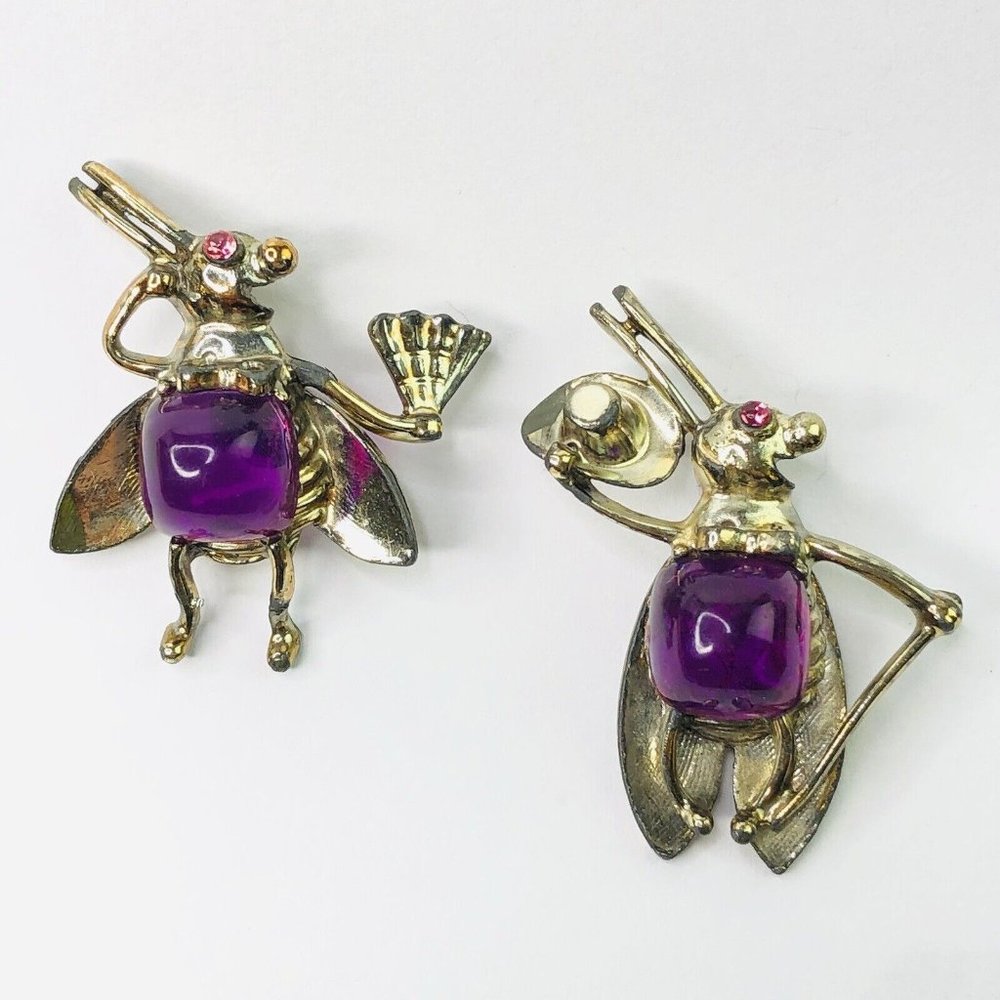 OOAK Vtg Mr. & Ms. Purple Glass Jelly Belly Bug Insect Brooch Pin Dance Perform